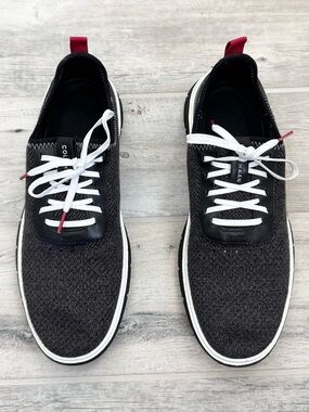 Cole Haan Men's Gray and White Knit Sneakers with Red Pull Tabs